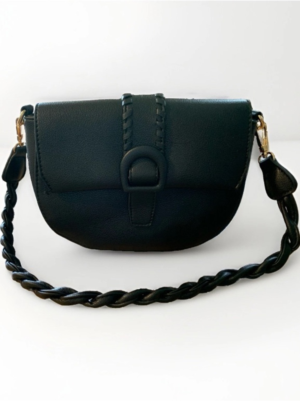 Classic Black Saddle Shoulder Bag w Braided Strap Kayla + Ava Y2K 90’s style